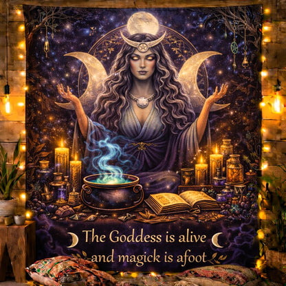 Mystical Triple Moon Goddess tapestry with a celestial woman, candles, cauldron, and "The Goddess is alive and magick is afoot" text.