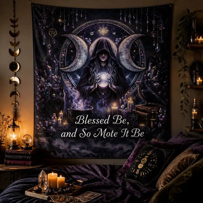 Triple Moon Goddess Wicca Tapestry - Witchy Pagan Altar Wall Hanging_mockup_1.webp