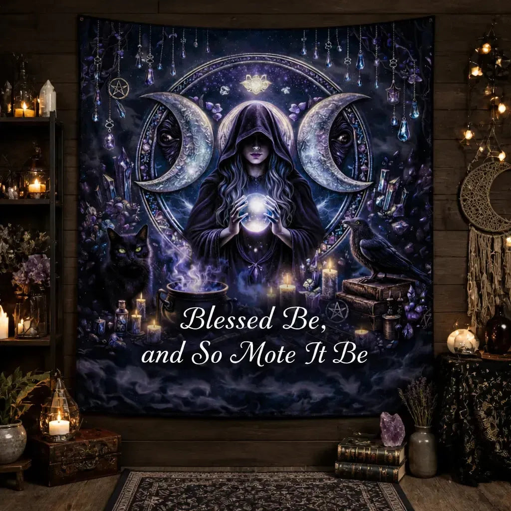 Triple Moon Goddess Wicca Tapestry - Witchy Pagan Altar Wall Hanging_mockup_2.webp