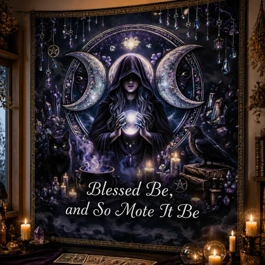 Triple Moon Goddess Wicca Tapestry - Witchy Pagan Altar Wall Hanging_mockup_3.webp