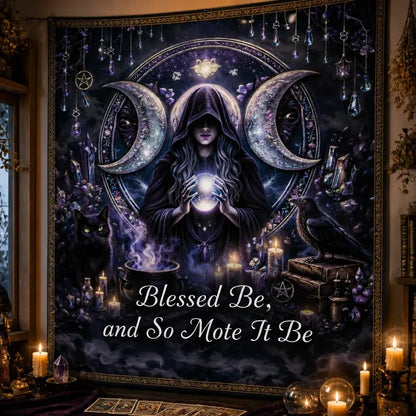 Triple Moon Goddess Wicca Tapestry - Witchy Pagan Altar Wall Hanging_mockup_3.webp