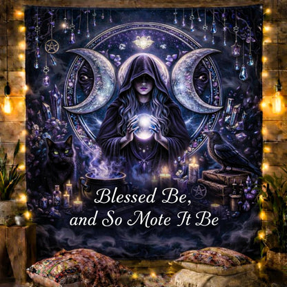 Dark purple Triple Moon Goddess Wicca tapestry with a witch, black cat, raven, crystals, and "Blessed Be" text.