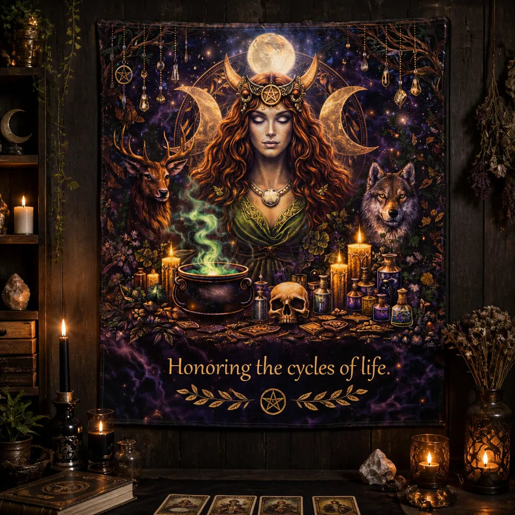 Triple Moon Goddess Wiccan Tapestry – Witchy Pagan Altar Wall Hanging_mockup_2.webp