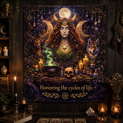 Triple Moon Goddess Wiccan Tapestry – Witchy Pagan Altar Wall Hanging_mockup_2.webp