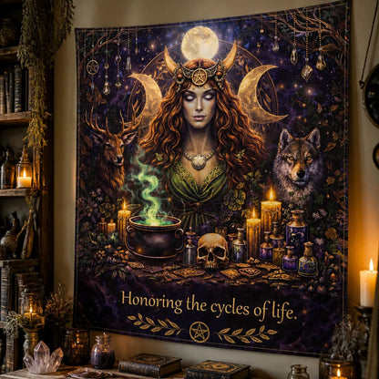 Triple Moon Goddess Wiccan Tapestry – Witchy Pagan Altar Wall Hanging_mockup_3.webp