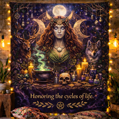 Mystical Triple Moon Goddess tapestry with a woman, deer, wolf, candles, skull, and "Honoring the cycles of life.
