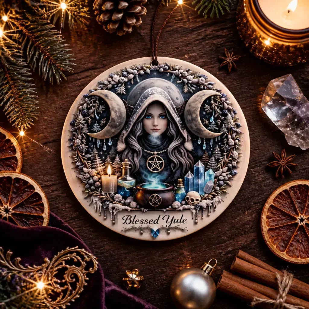Triple Moon Goddess Wiccan Yule Ceramic Ornament – Pagan Holiday Ornament_mockup_3.webp
