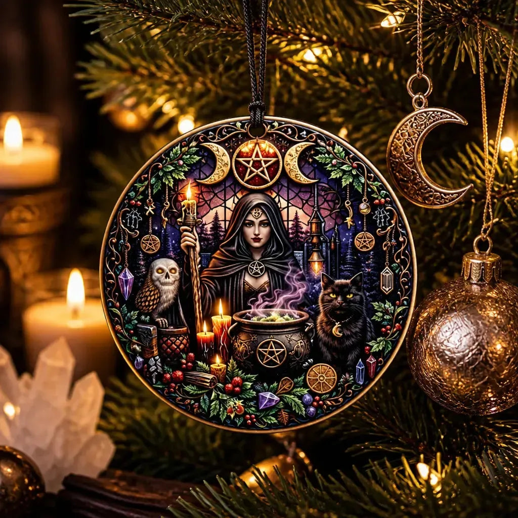 Triple Moon Goddess Yule Ceramic Ornament with Black Cat, Owl – Wiccan Holiday Ornament_mockup_1.webp