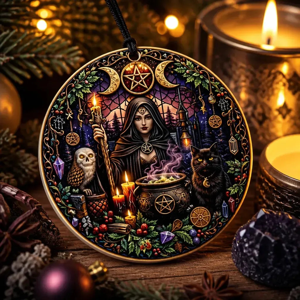 Triple Moon Goddess Yule Ceramic Ornament with Black Cat, Owl – Wiccan Holiday Ornament_mockup_2.webp