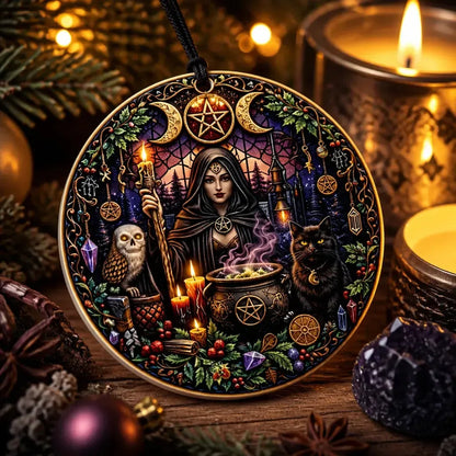 Triple Moon Goddess Yule Ceramic Ornament with Black Cat, Owl – Wiccan Holiday Ornament_mockup_2.webp