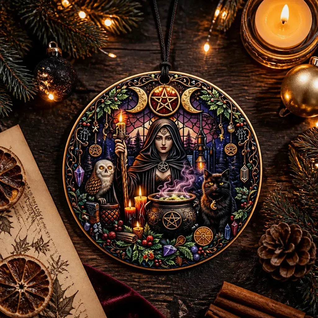 Triple Moon Goddess Yule Ceramic Ornament with Black Cat, Owl – Wiccan Holiday Ornament_mockup_3.webp