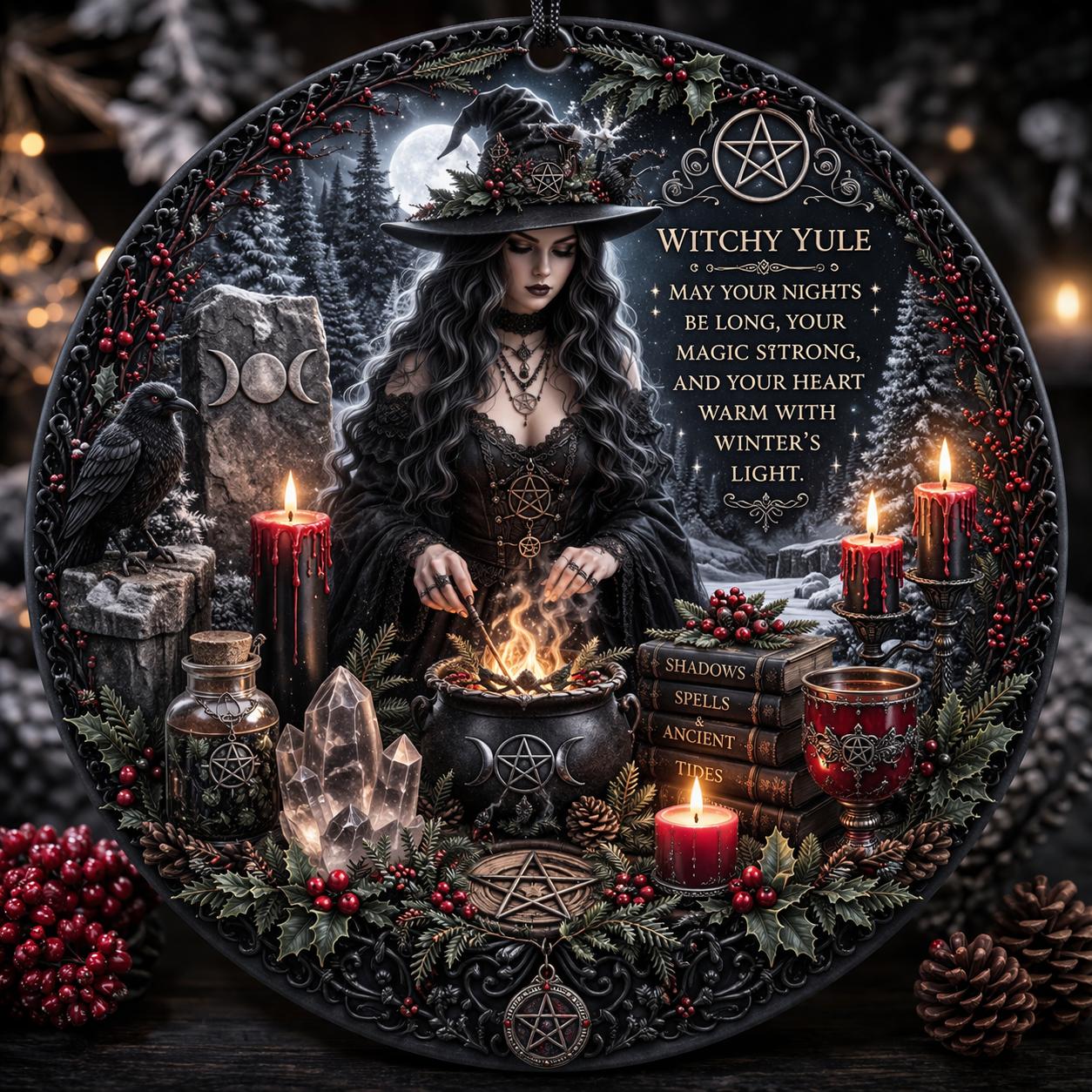 Dark witch ceramic ornament with a cauldron, raven, candles, and "Witchy Yule" text.