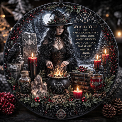 Dark witch ceramic ornament with a cauldron, raven, candles, and "Witchy Yule" text.