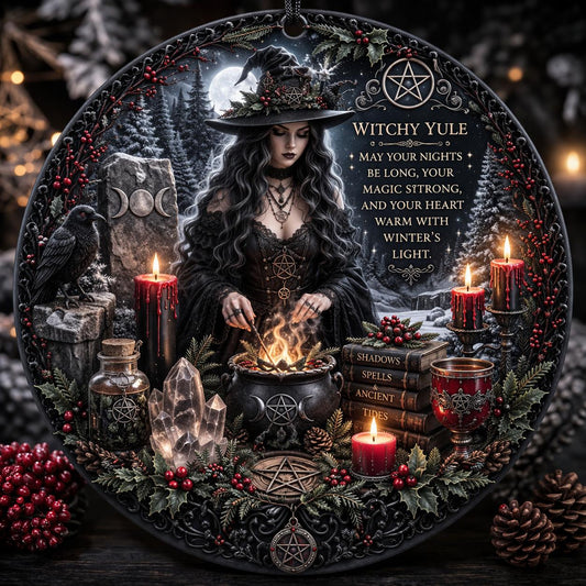 Dark witch ceramic ornament with a cauldron, raven, candles, and "Witchy Yule" text.