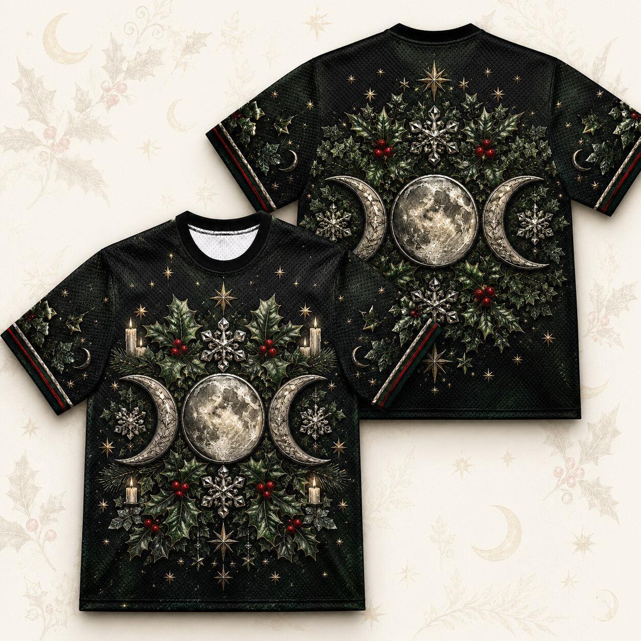 Triple Moon Holly Wreath T-Shirt Snowflake Green Yule Tee front and back together