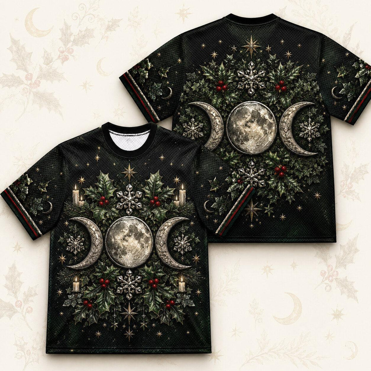 Triple Moon Holly Wreath T-Shirt Snowflake Green Yule Tee front and back together