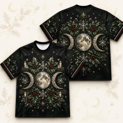 Triple Moon Holly Wreath T-Shirt Snowflake Green Yule Tee front and back together