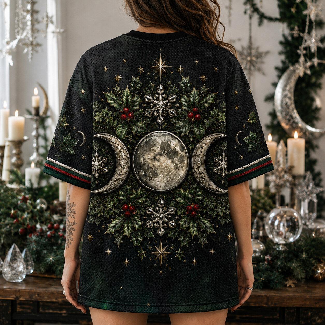 Triple Moon Holly Wreath T-Shirt Snowflake Green Yule Tee worn, back view