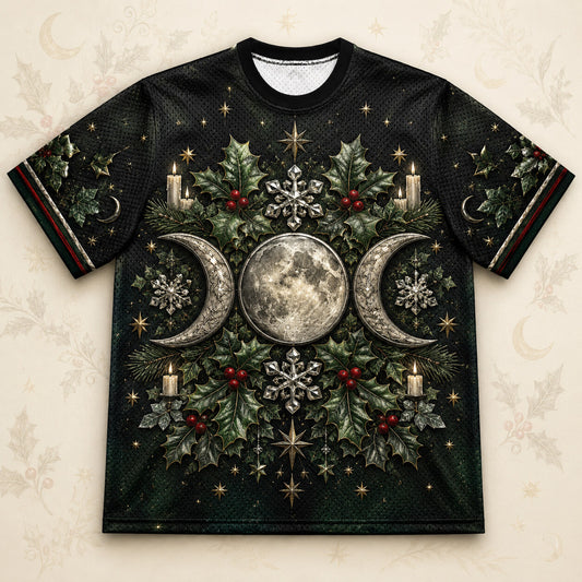 Triple Moon Holly Wreath T-Shirt Snowflake Green Yule Tee front view