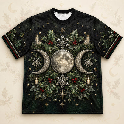 Triple Moon Holly Wreath T-Shirt Snowflake Green Yule Tee front view
