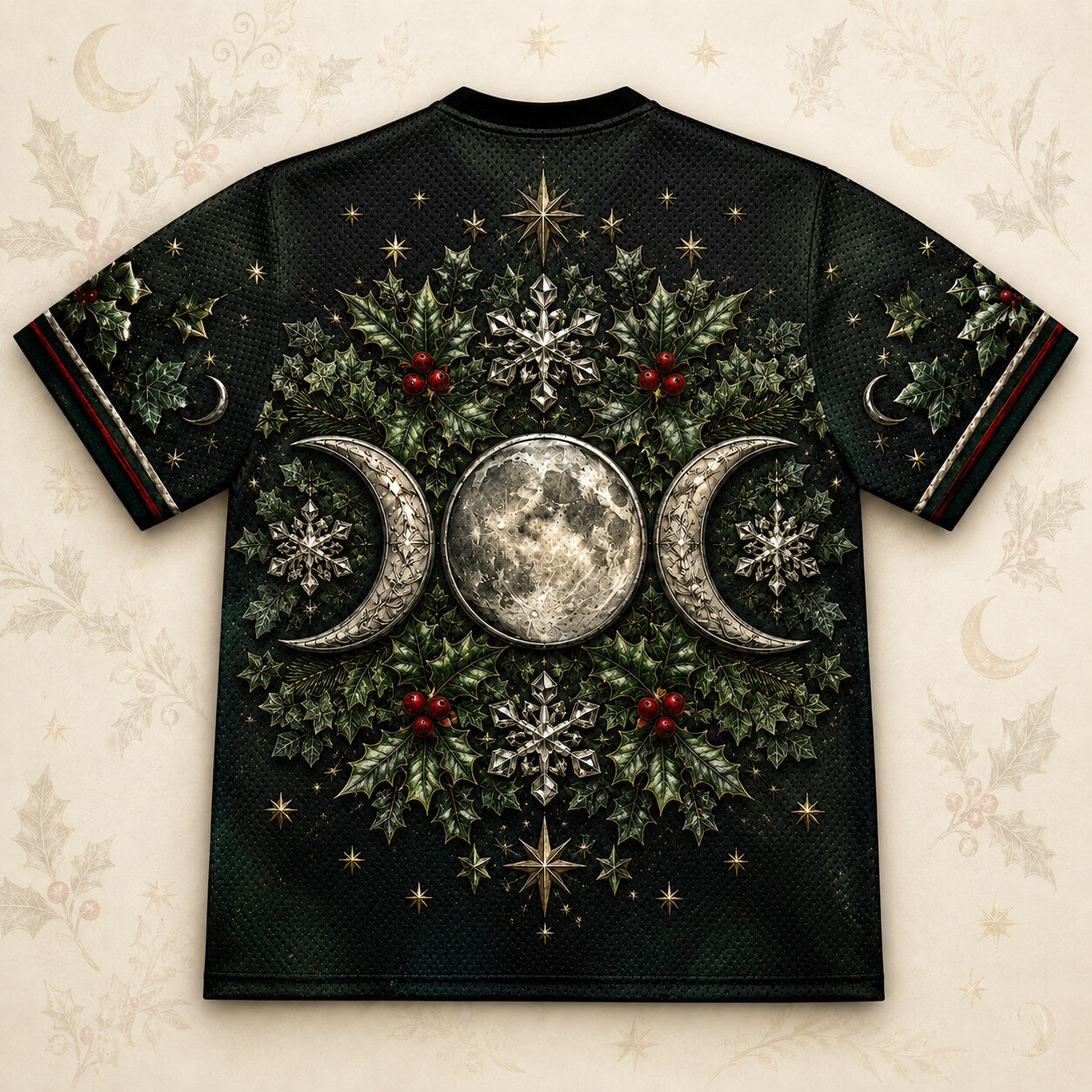 Triple Moon Holly Wreath T-Shirt Snowflake Green Yule Tee back view