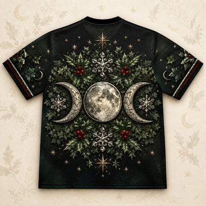 Triple Moon Holly Wreath T-Shirt Snowflake Green Yule Tee back view