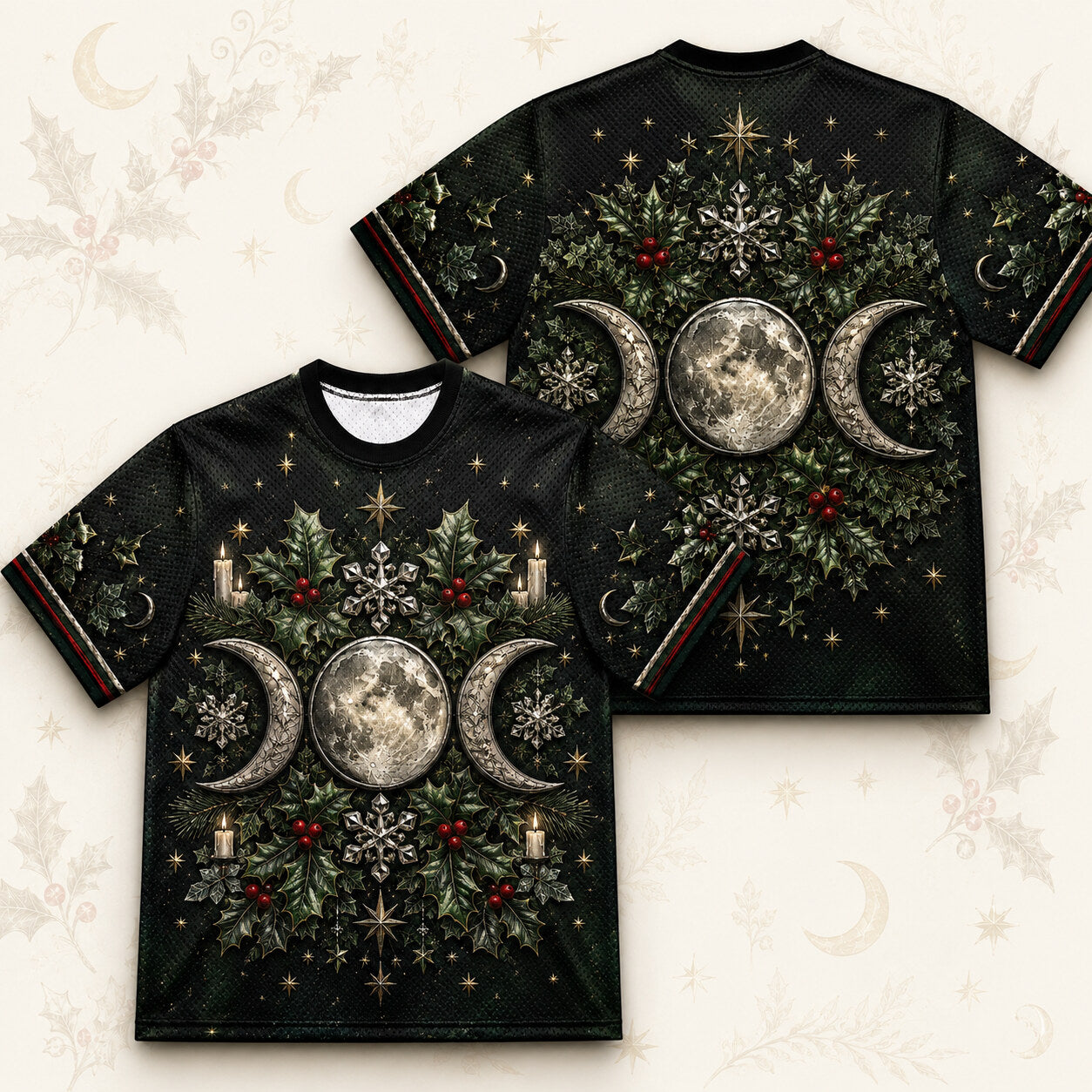 Triple Moon Holly Wreath T-Shirt Snowflake Green Yule Tee front and back together