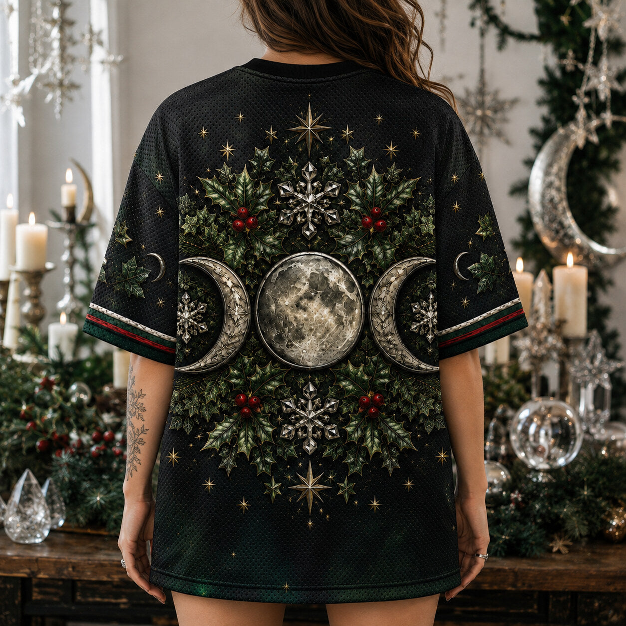 Triple Moon Holly Wreath T-Shirt Snowflake Green Yule Tee worn, back view