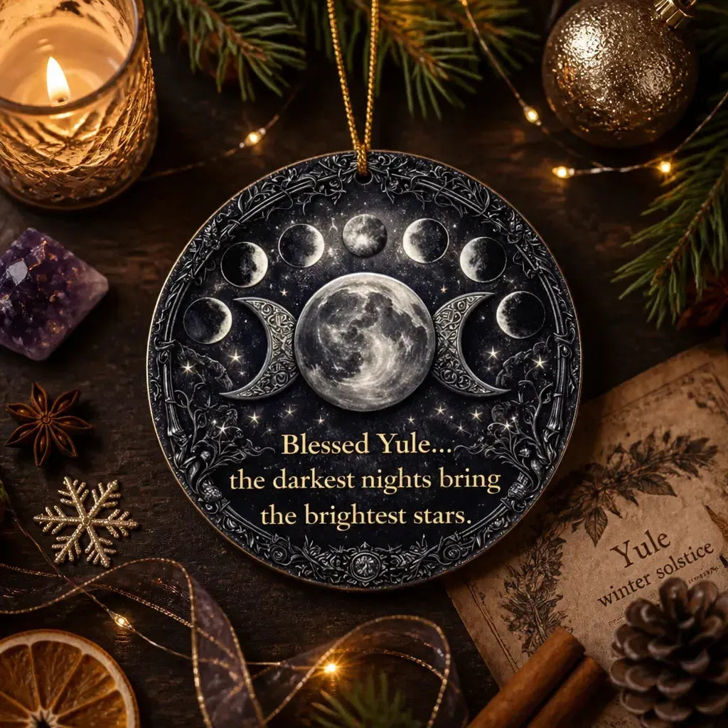 Triple Moon & Moon Phase Wicca Yule Ceramic Ornament – Lunar Phase Witchy Christmas Tree Decoration_mockup_3.webp