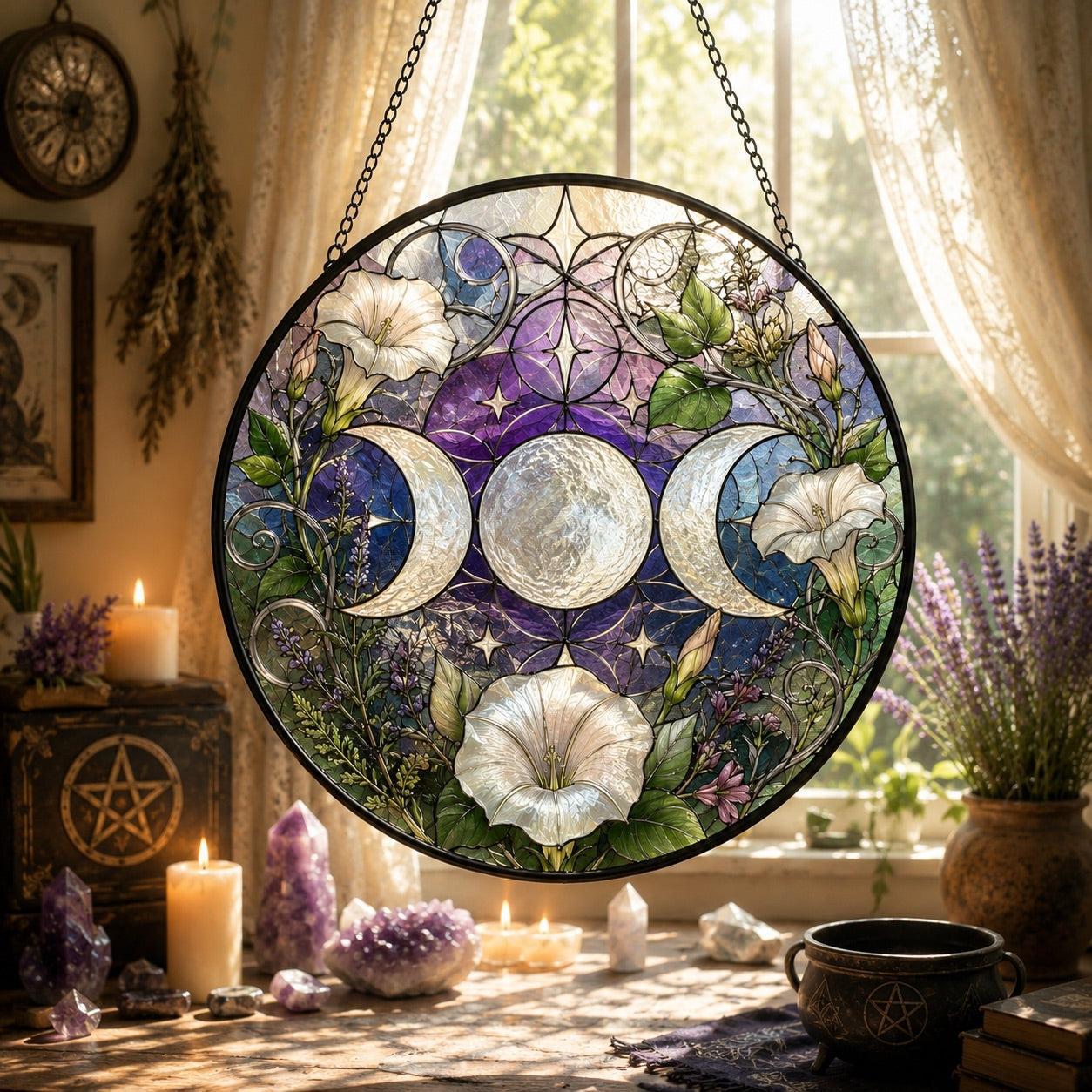 Triple Moon Moonflower Glass Suncatcher - sunlight glow