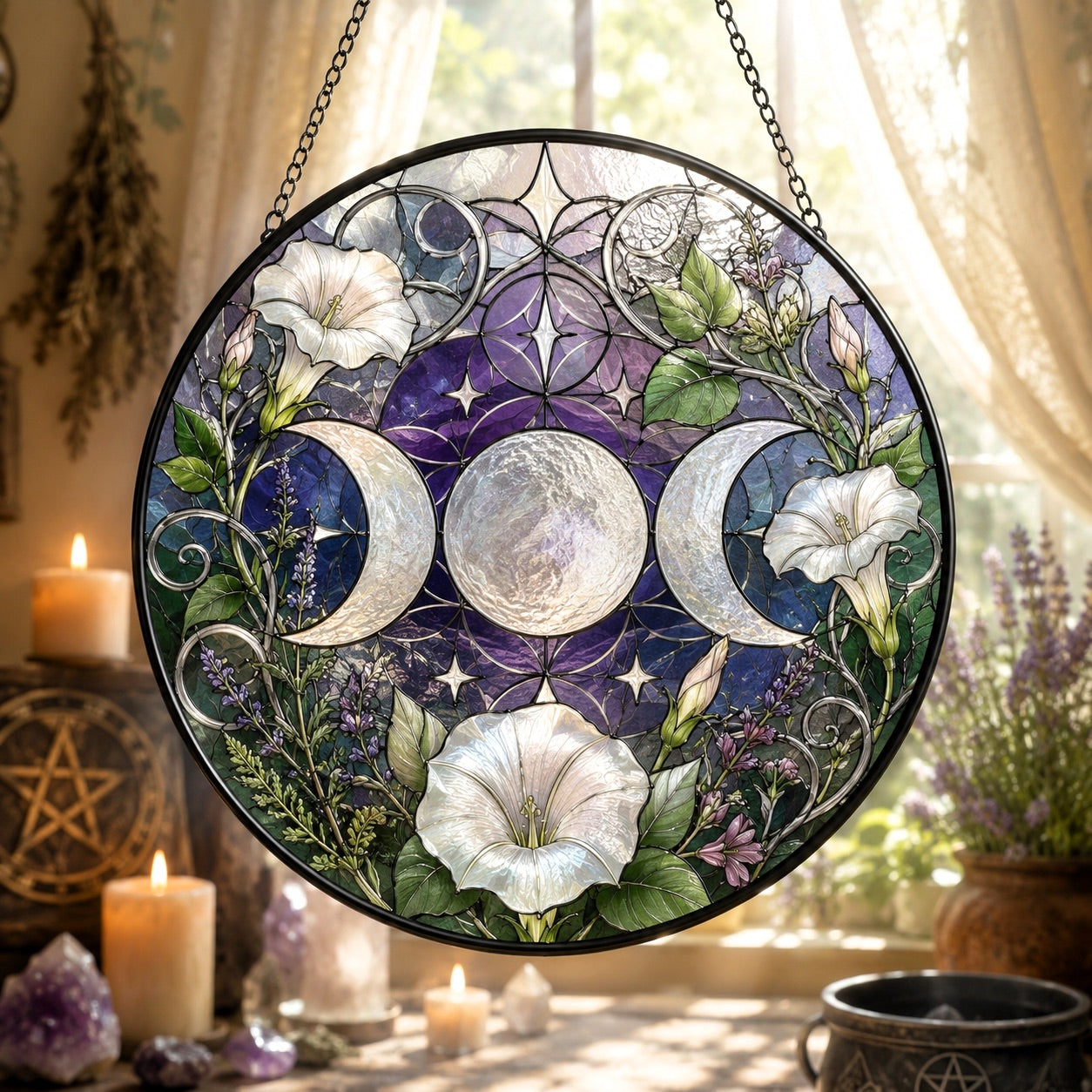 Triple Moon Moonflower Glass Suncatcher - window display