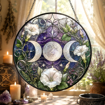 Triple Moon Moonflower Glass Suncatcher - window display
