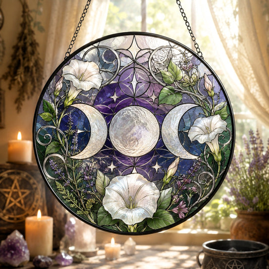 Triple Moon Moonflower Glass Suncatcher - window display