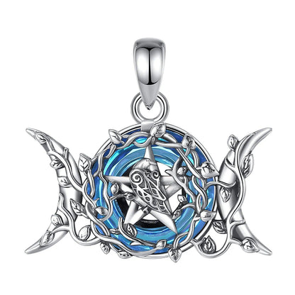 Triple Moon Necklace Blue Crystal Wiccan Moon Necklace 925 Silver Pagan Jewelry-MoonChildWorld