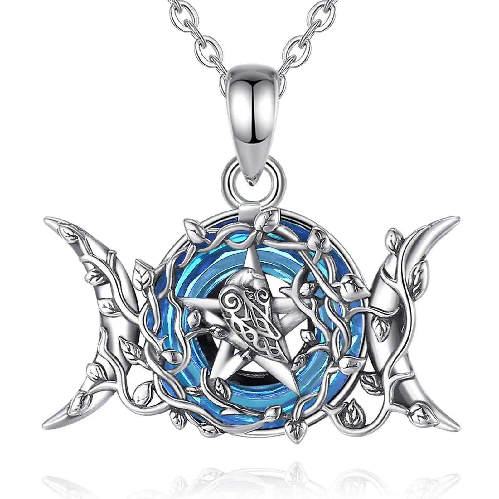 Triple Moon Necklace Blue Crystal Wiccan Moon Necklace 925 Silver Pagan Jewelry-MoonChildWorld