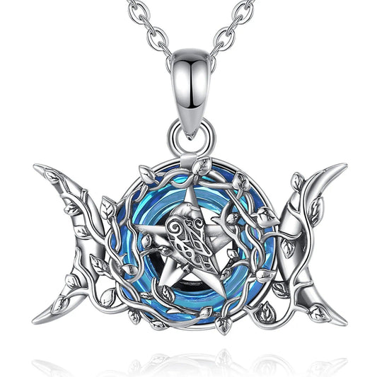 Triple Moon Necklace Blue Crystal Wiccan Moon Necklace 925 Silver Pagan Jewelry-MoonChildWorld