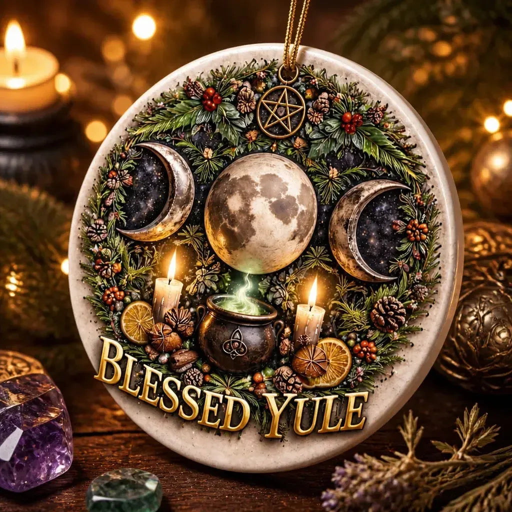 Triple Moon Pagan Altar Yule Ceramic Ornament – Wiccan Christmas Home Decor_mockup_2.webp