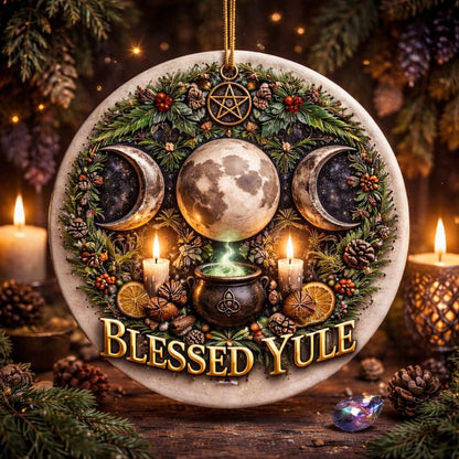 Round ceramic Yule ornament with Triple Moon, pentacle, candles, cauldron, and "Blessed Yule" text.