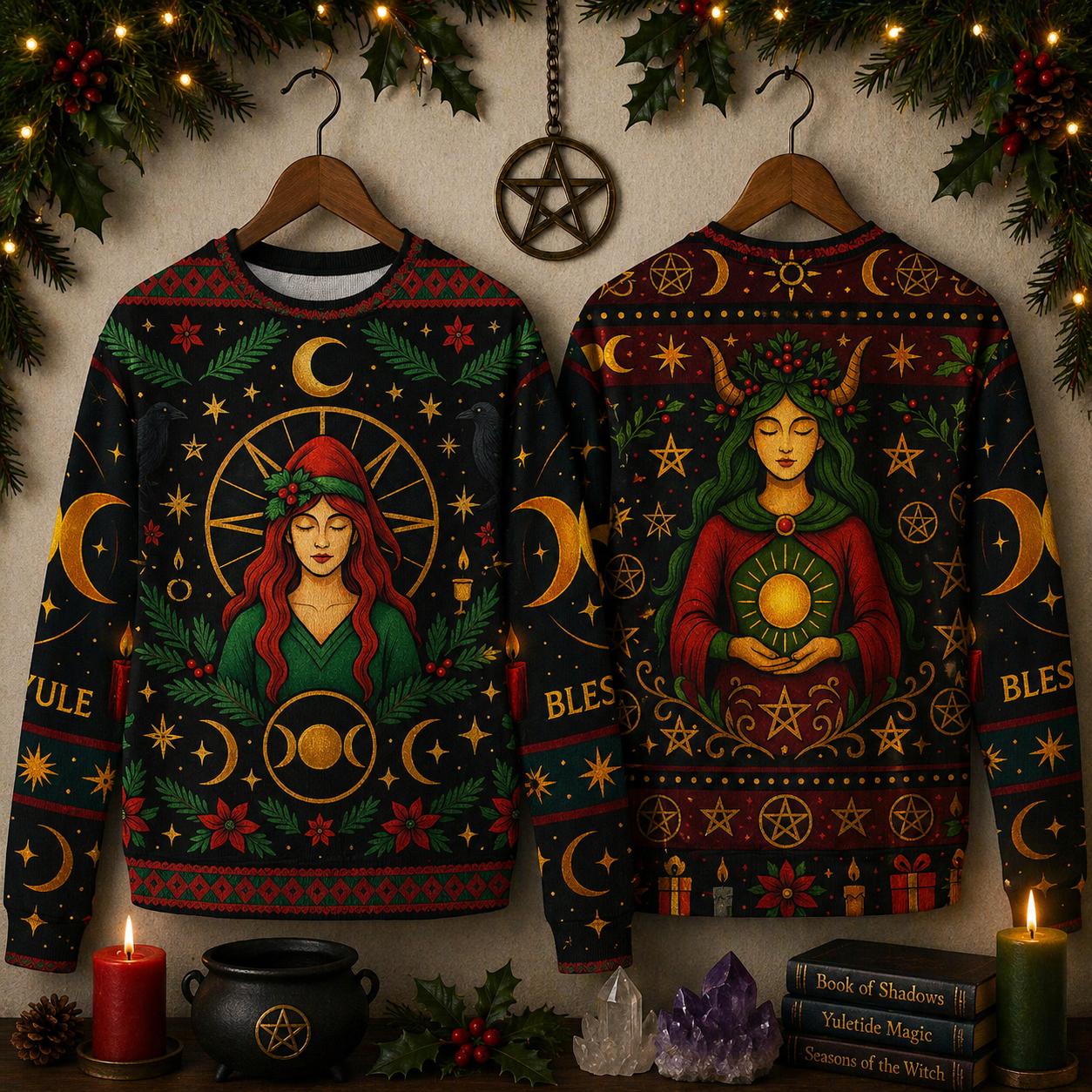Triple Moon Pagan Christmas Sweatshirt Blessed Yule Goddess Sweater-MoonChildWorld