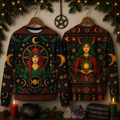 Triple Moon Pagan Christmas Sweatshirt Blessed Yule Goddess Sweater-MoonChildWorld