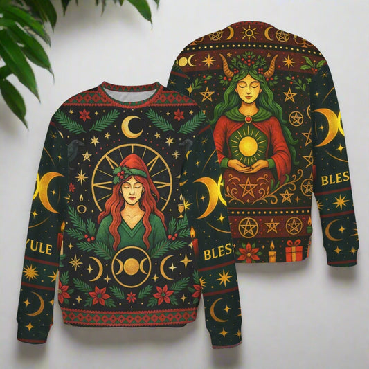 Triple Moon Pagan Christmas Sweatshirt Blessed Yule Goddess Sweater-MoonChildWorld