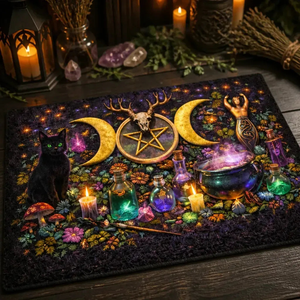 Witchy Doormat with Triple Moon, Gothic Skull & Black Cat - Wicca Pagan Welcome Mat_mockup_2.webp