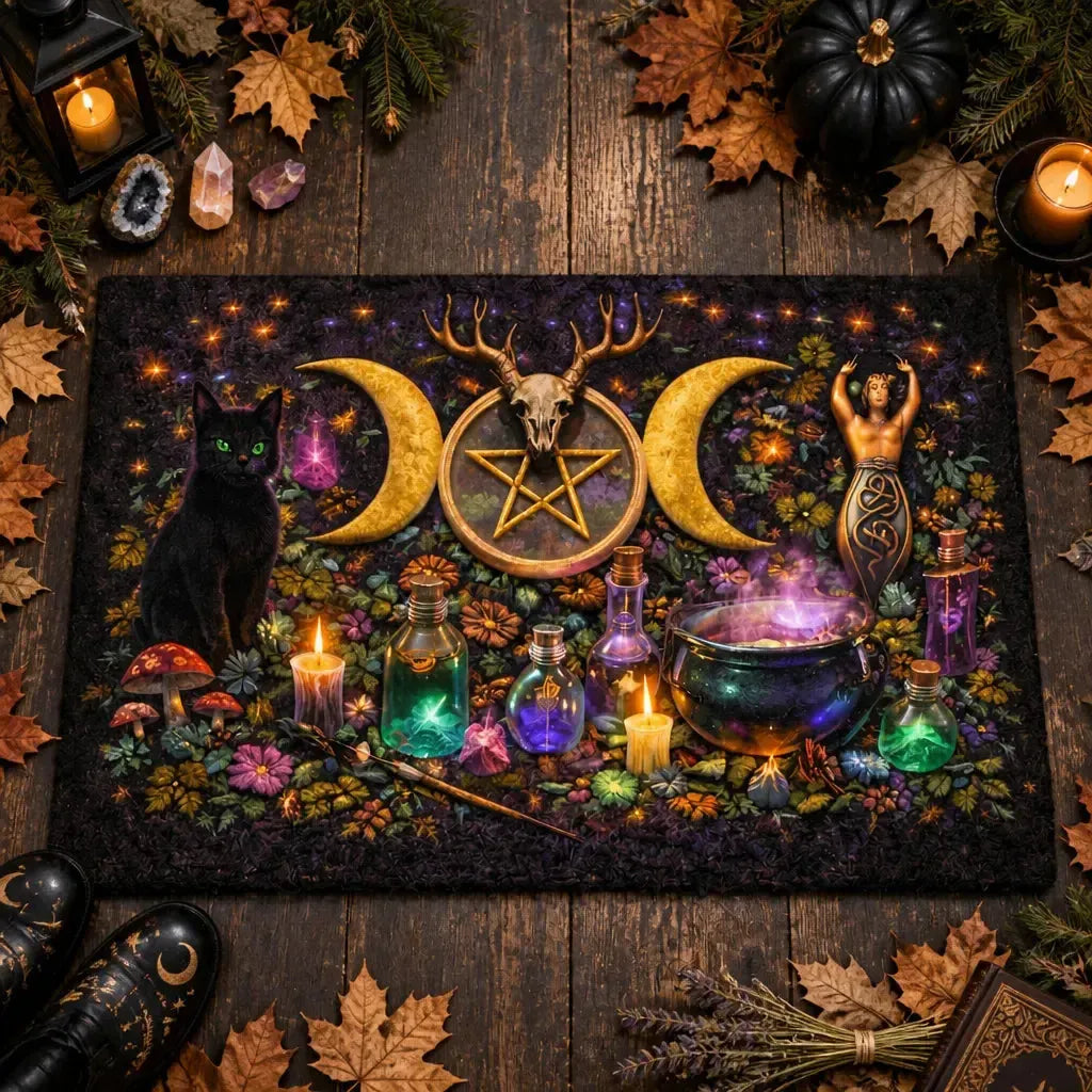 Witchy Doormat with Triple Moon, Gothic Skull & Black Cat - Wicca Pagan Welcome Mat_mockup_3.webp