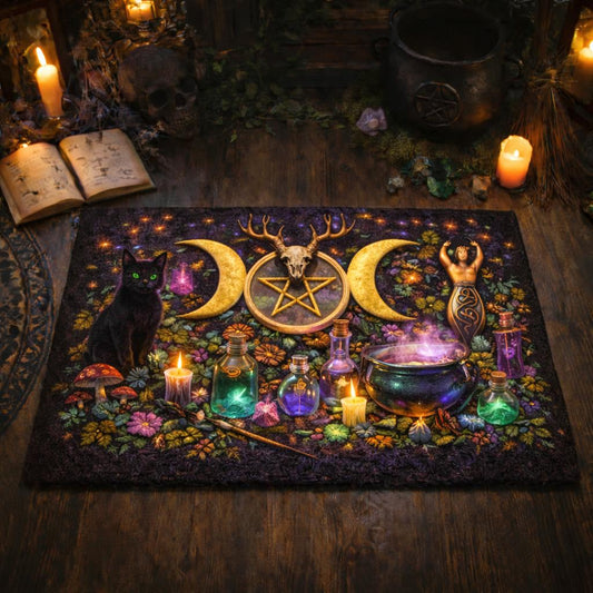 Witchy doormat with a black cat, golden triple moon, pentacle, skull, potions, and colorful flowers.