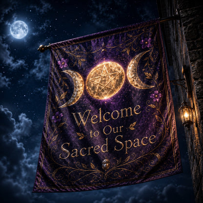 Triple Moon Pentacle house flag mockup hanging outdoors as pagan decor