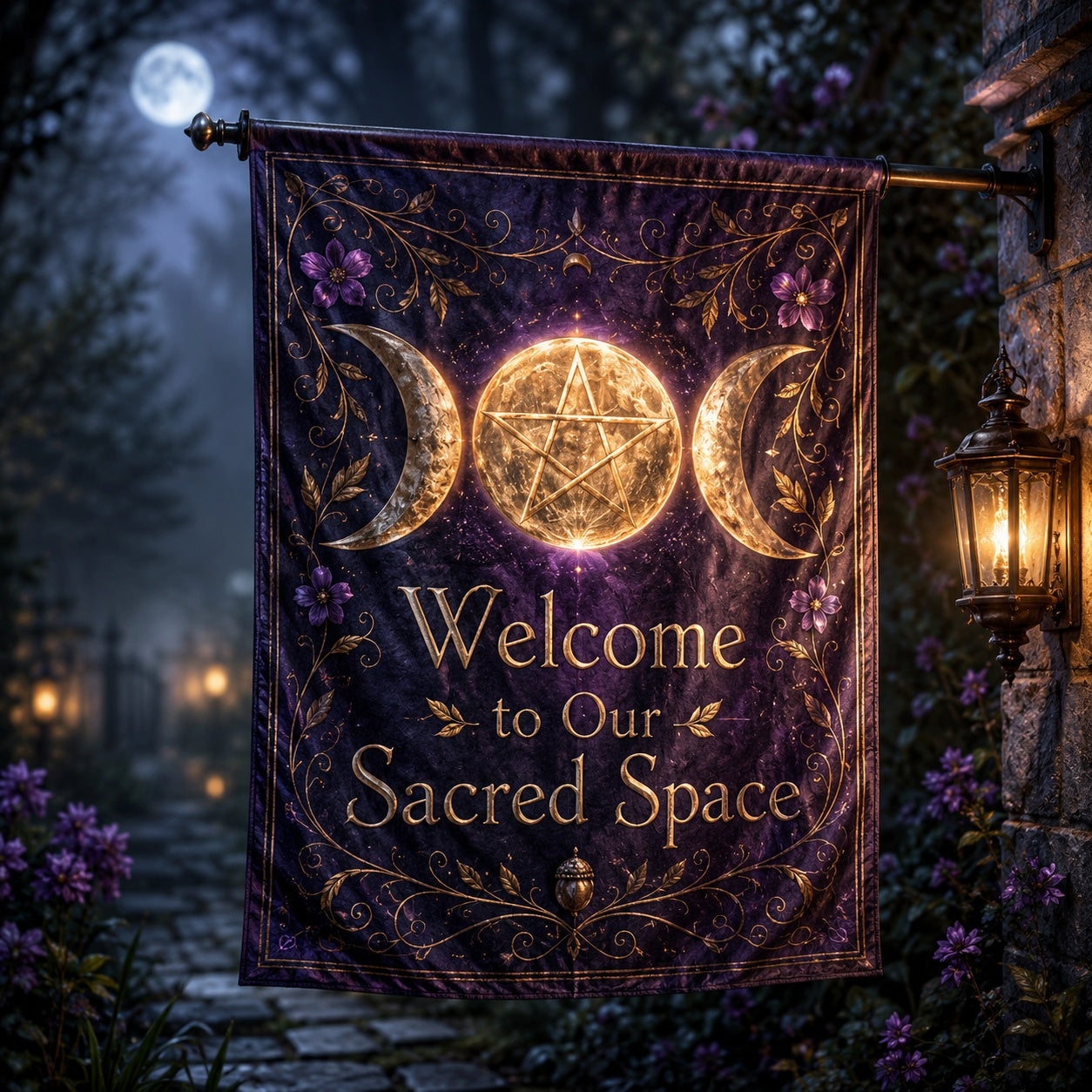 Triple Moon Pentacle house flag with Welcome to Our Sacred Space design