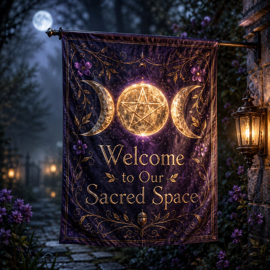 Triple Moon Pentacle house flag with Welcome to Our Sacred Space design