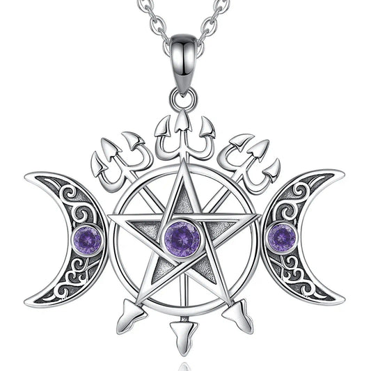 Triple Moon Pentacle Necklace Witch Jewelry