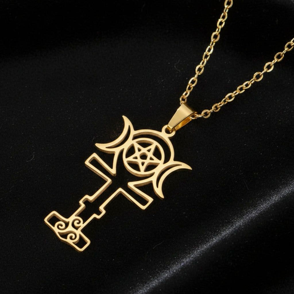 Triple Moon Pentacle Necklace with Triskele Spiral Pendant-MoonChildWorld