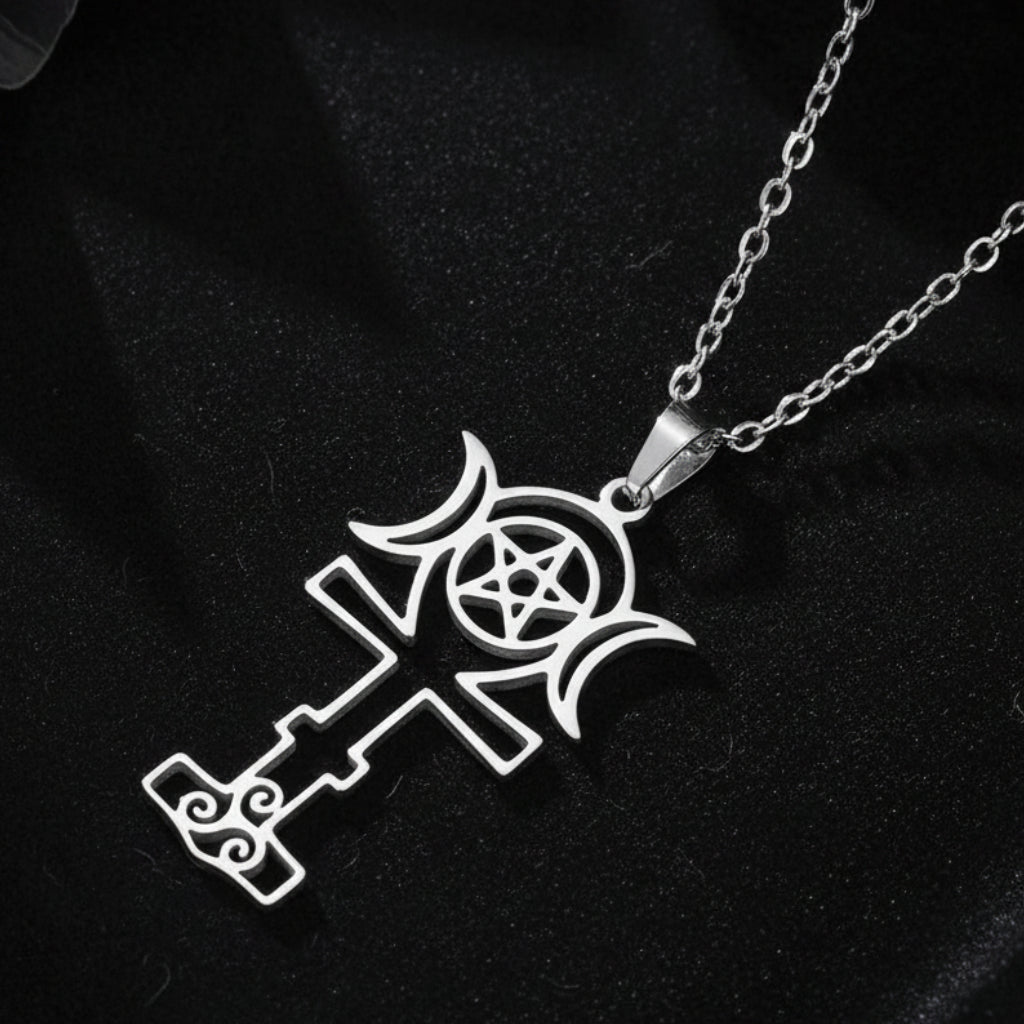 Triple Moon Pentacle Necklace with Triskele Spiral Pendant-MoonChildWorld